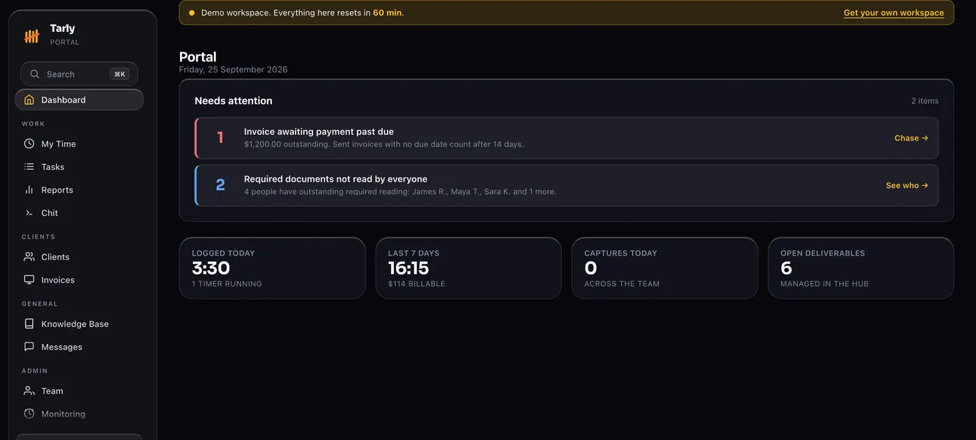 Tarly's dashboard, with what needs attention listed first