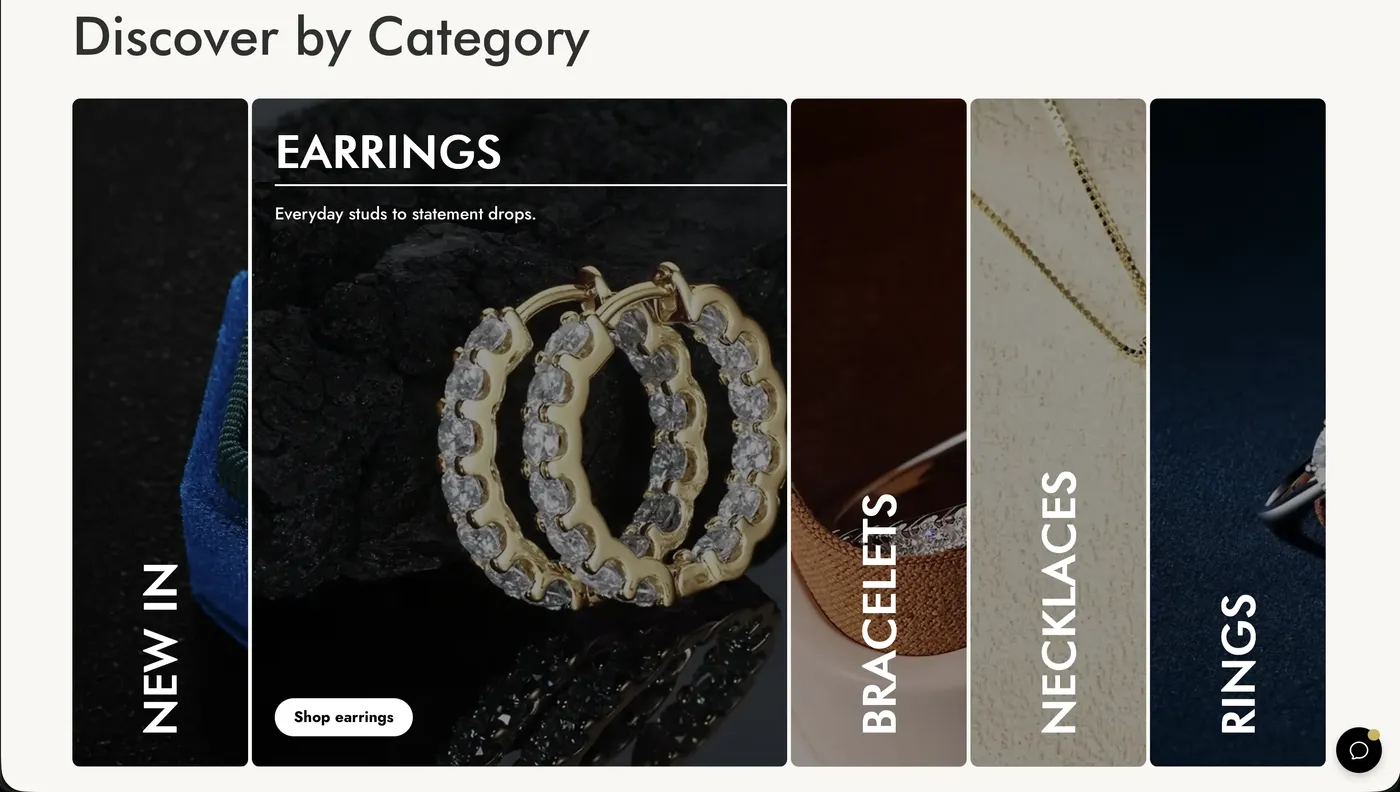 Sensitive Stones' Discover by Category strip: earrings, bracelets, necklaces