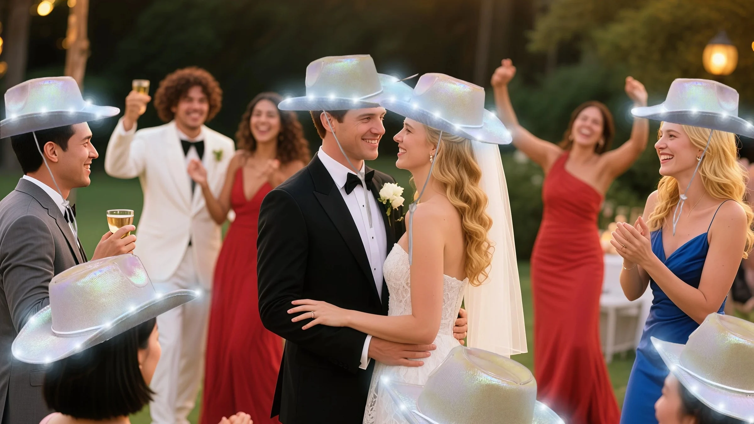 A wedding party celebrating outdoors, from the BdeBoda catalogue