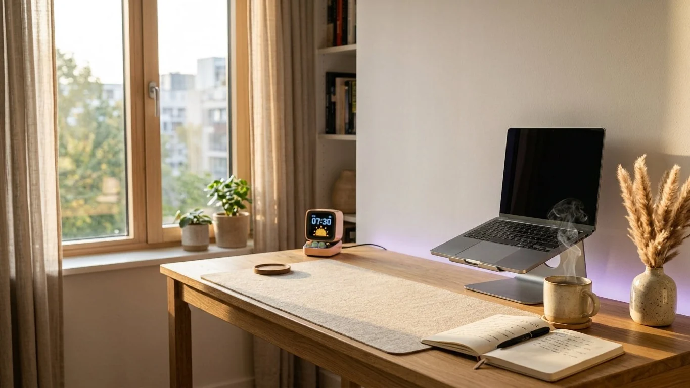 A Sassy Setup desk arrangement with ambient lighting